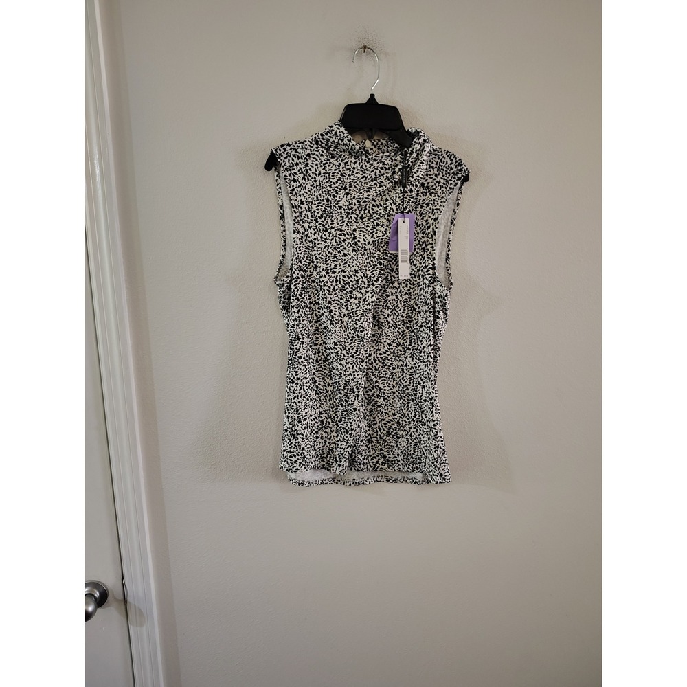 Elie Tahari Womens Black White Abstract Print Mock Neck Sleeveless Shell Top L